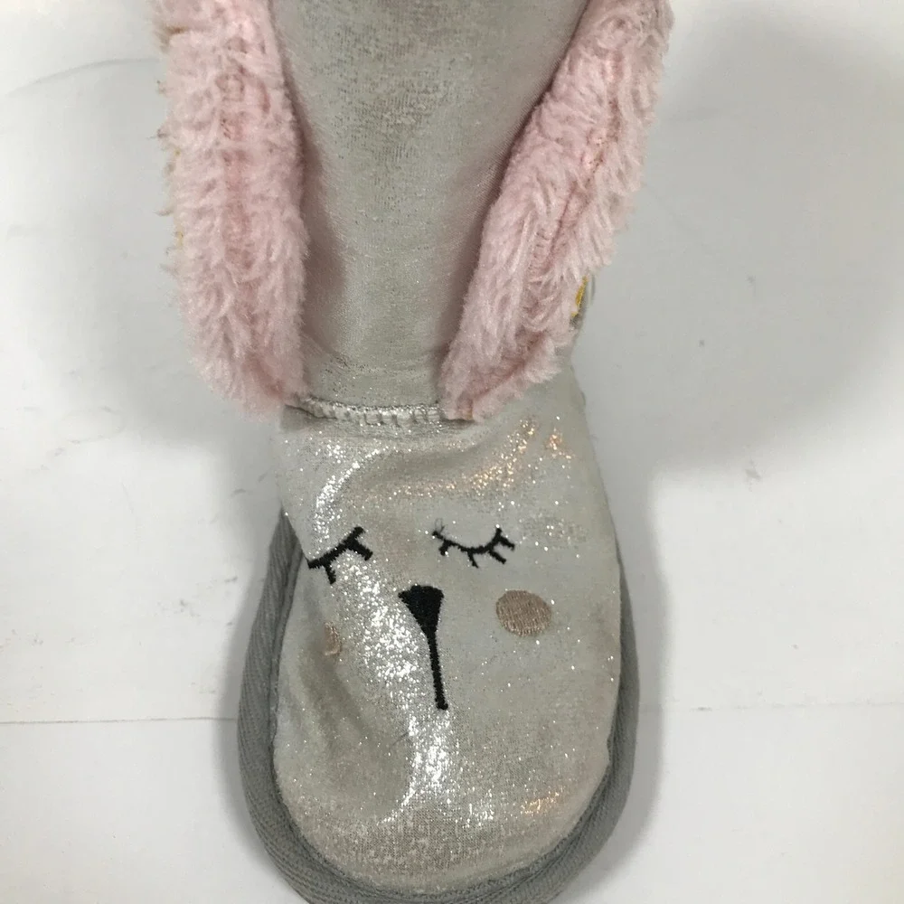 Muk Luks Zoo Babies Faux Fur Bunny‎ Rabbit Girls Boots Silver Sparkle Size 13
